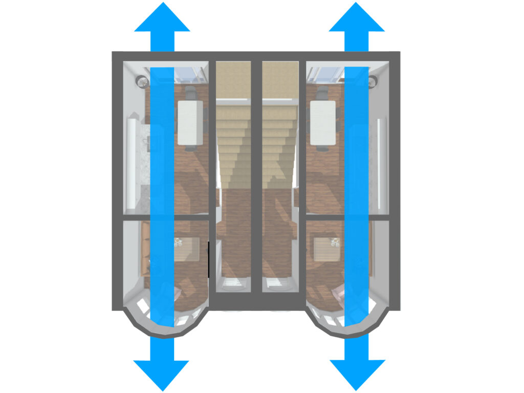 The diagram shows a through breeze for ventilation.This image is illustrative only to demonstrate the principle of the code