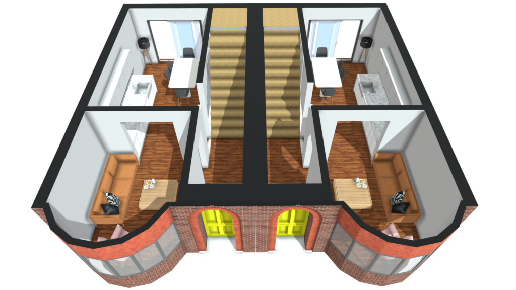 The image shows the interior layout of a house with a generous bay window letting in daylight, a through breeze for ventilation and a seperated habitable room from neighbour. This image is illustrative only to demonstrate the principle of the code