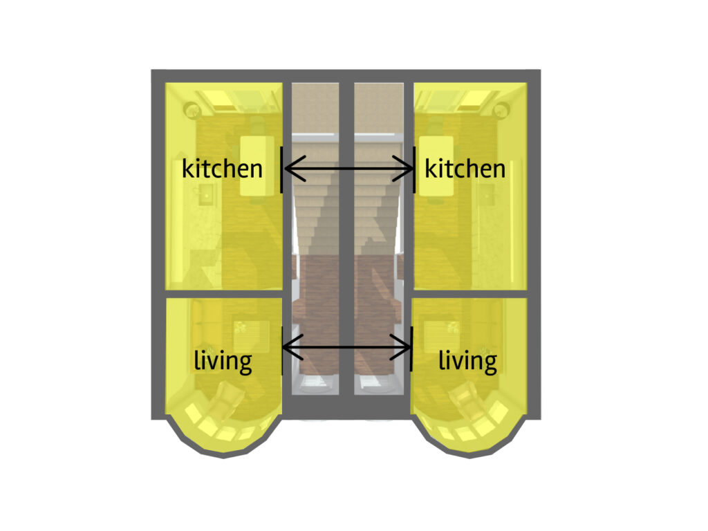 Diagram shows how noise can be mitigated by separating habitable rooms between neighbours. This image is illustrative only to demonstrate the principle of the code